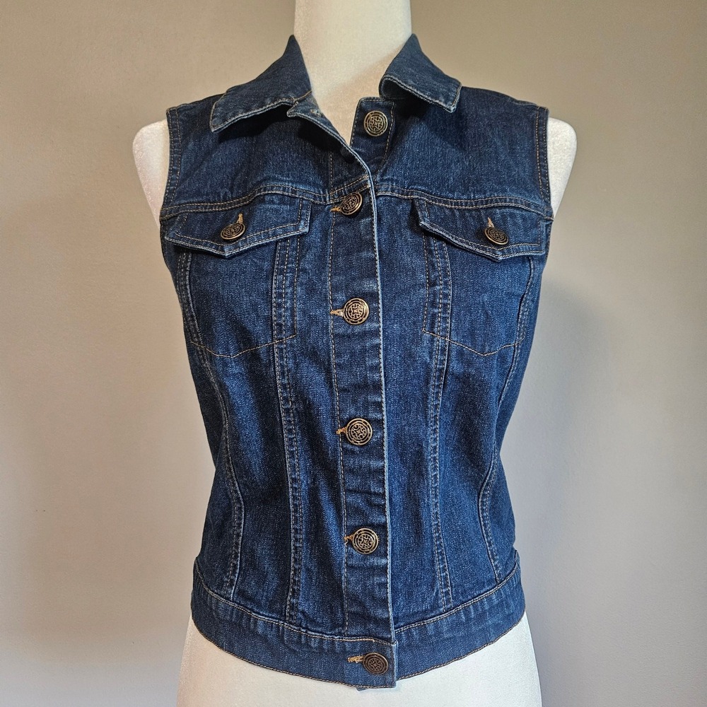 d & co Denim Vest Womens XS Button Front Fitted Western Y2K Festival Layering